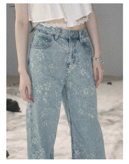 American Style Rhinestone Floral Denim Pants