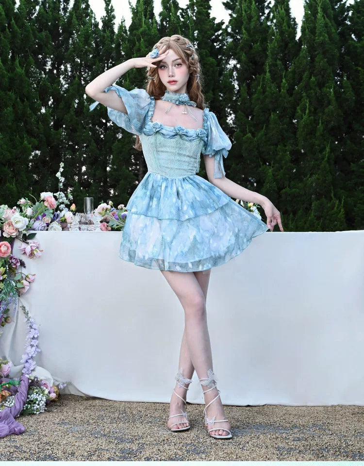 Lace Ruffle Puff-Sleeve Dress