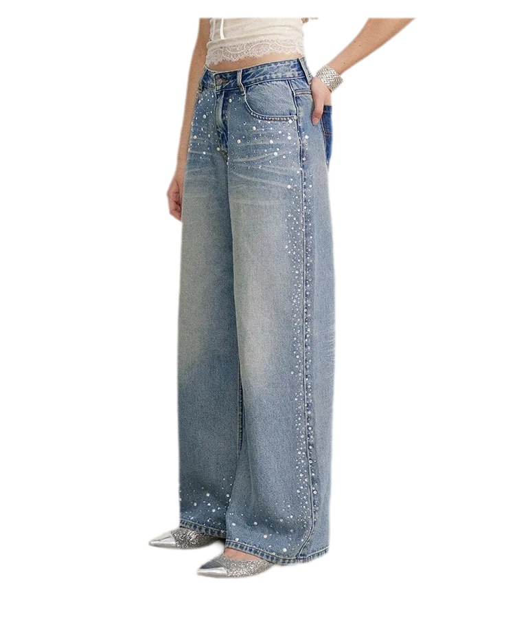 Rhinestone Pearl Wide-Leg Jeans