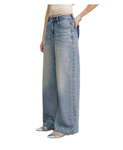 Rhinestone Pearl Wide-Leg Jeans