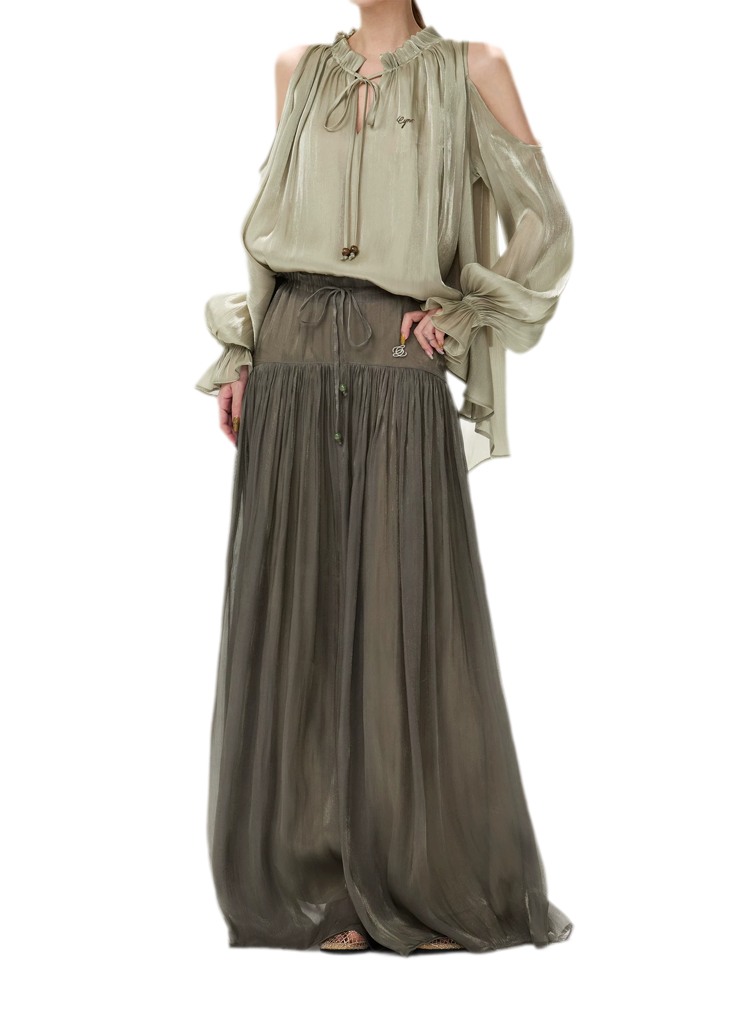 Shimmering Ruffle Cold-Shoulder Blouse