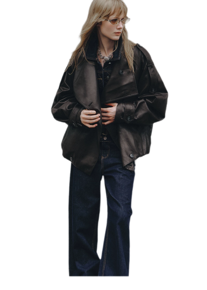 Faux-Leather Oversized Double-Breasted Jacket