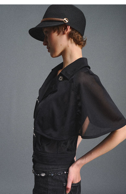 Detachable Cape Chiffon Blouse with Lace Detail