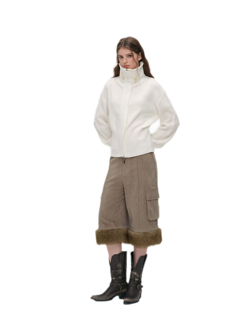 Chenille Cargo Cropped Wide-Leg Pants