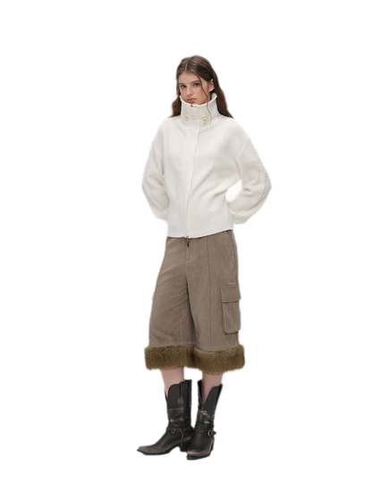 Chenille Cargo Cropped Wide-Leg Pants