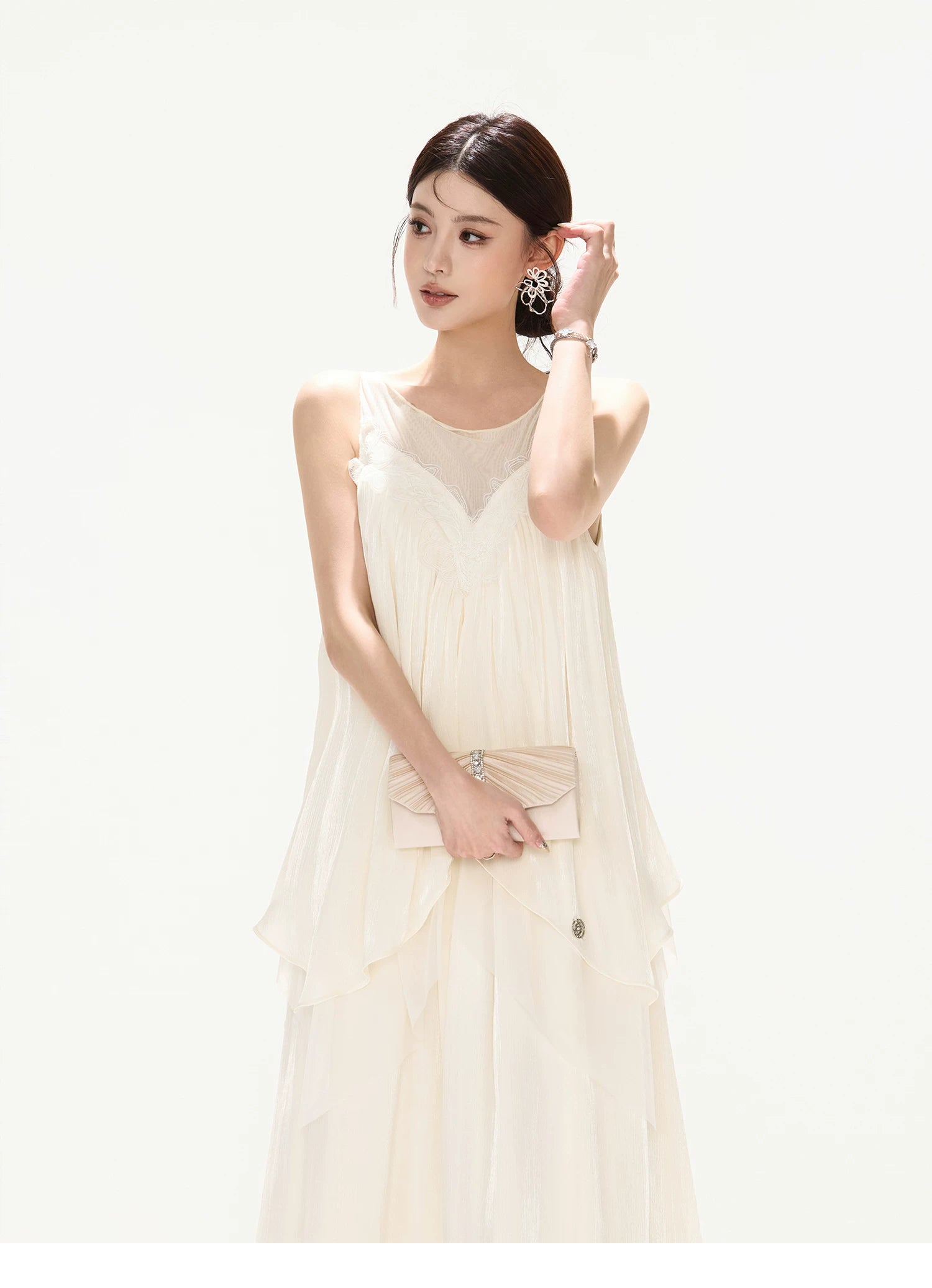 Sleeveless Mesh Spliced Ruffle Long Dress