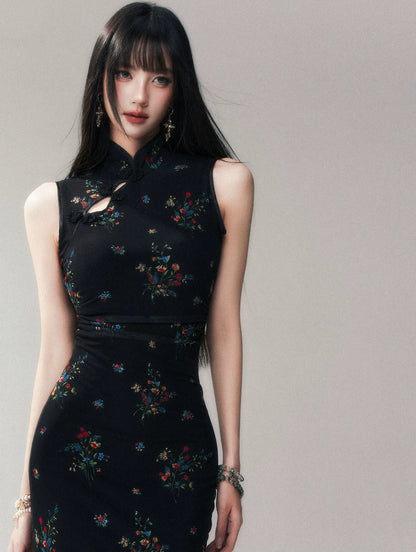 Dark Floral Mesh Qipao Dress