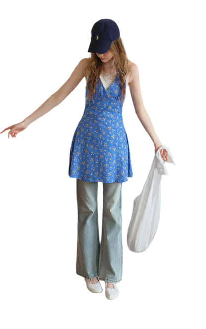 Romantic French Halter V-neck Floral Dress