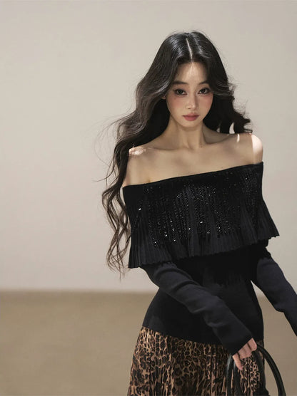 Pleated One-Shoulder Long-Sleeve Top