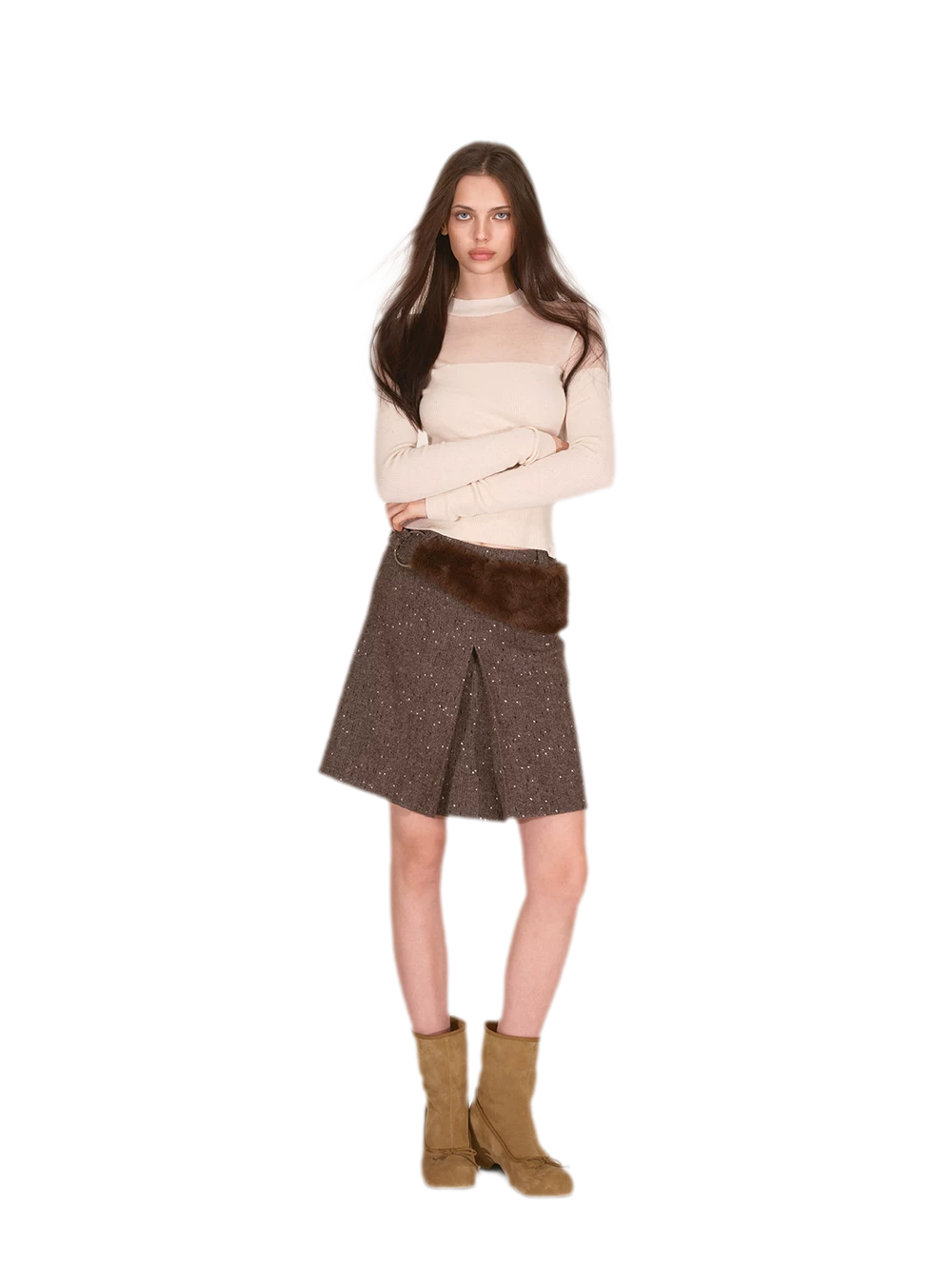 Sheer Mesh Mock-Neck Knit Top