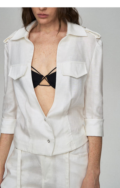 Tencel Linen Cool-Feel Mid-Sleeve Shirt &amp; High-Waist Wide-Leg