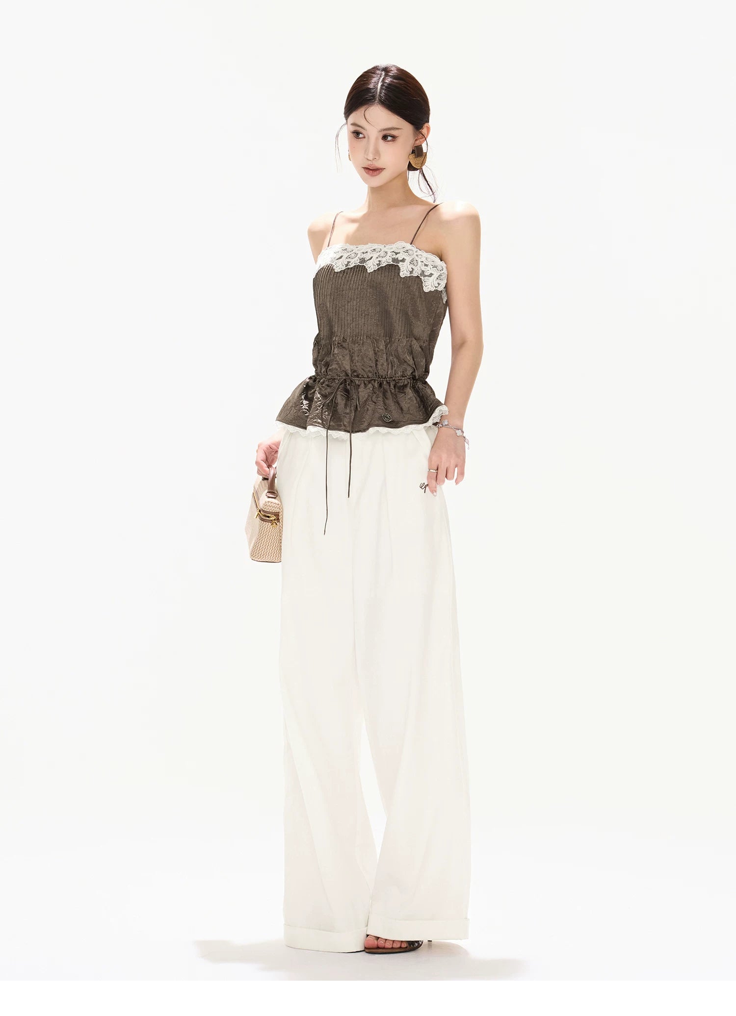 South France Holiday Contrast Lace Trim Ruffle Camisole