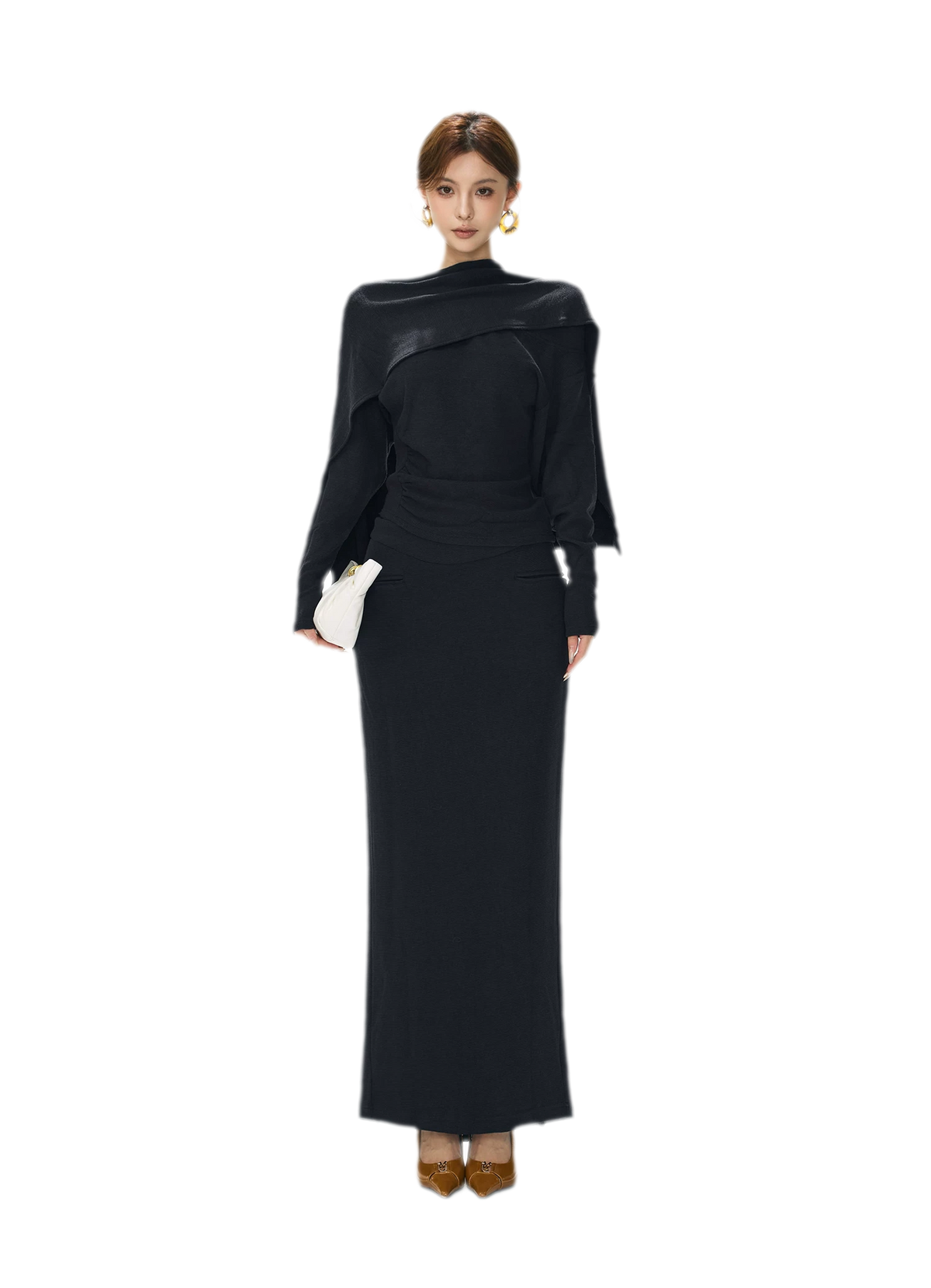 Textured Ruched Shawl Knit Set