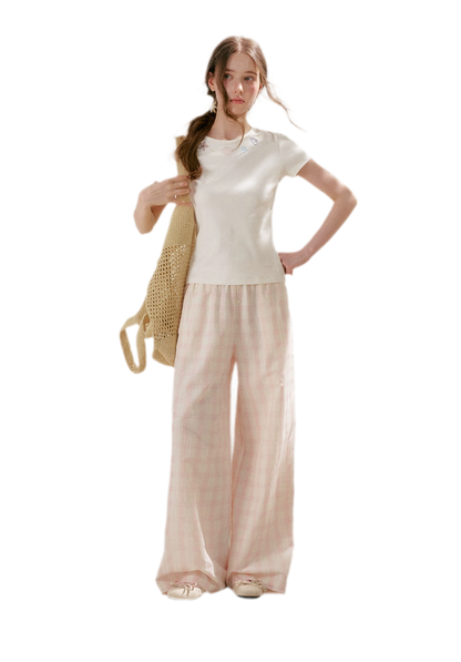 Linen Checkered High-Waist Wide-Leg Pants