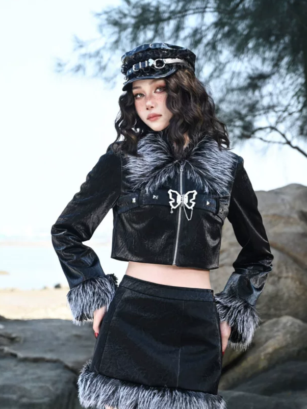 Textured Faux-Leather High-Waisted Skirt