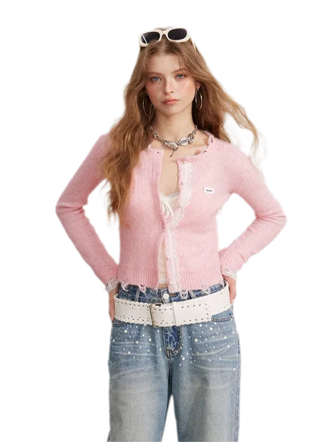 Lace Distressed Cropped Knit Sweater