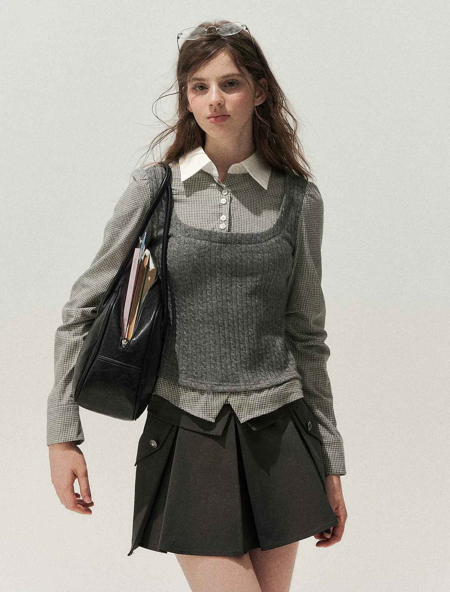 Cable-Knit Layered Shirt Vest