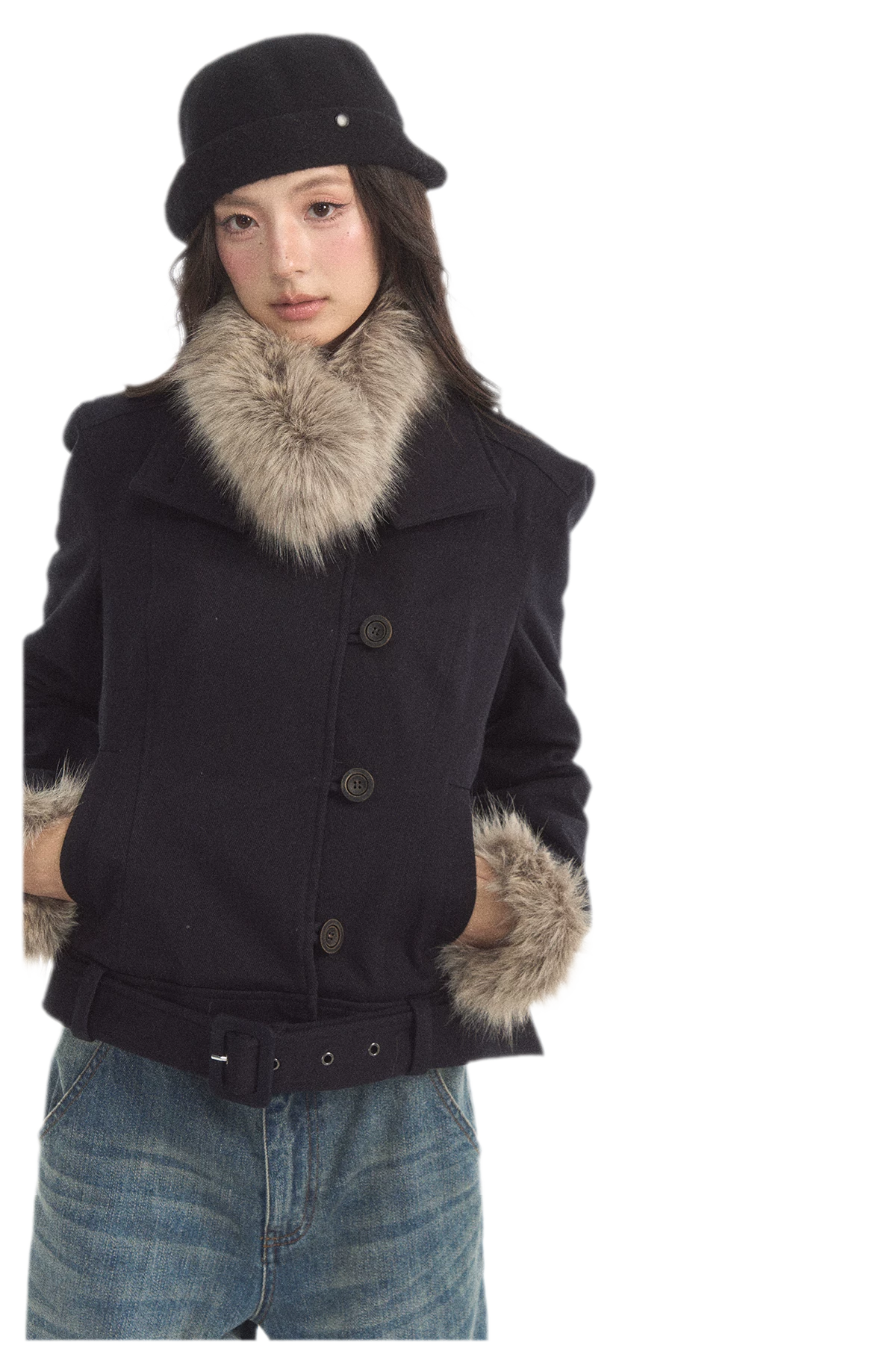 Detachable Fur Collar Twill Coat