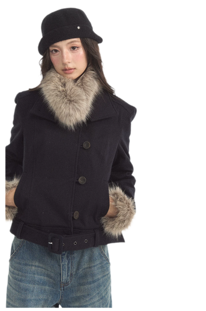 Detachable Fur Collar Twill Coat