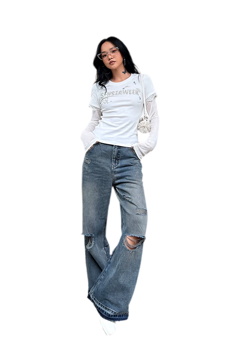 Ribbed Lace Trim Layered T-Shirt