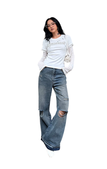 Ribbed Lace Trim Layered T-Shirt