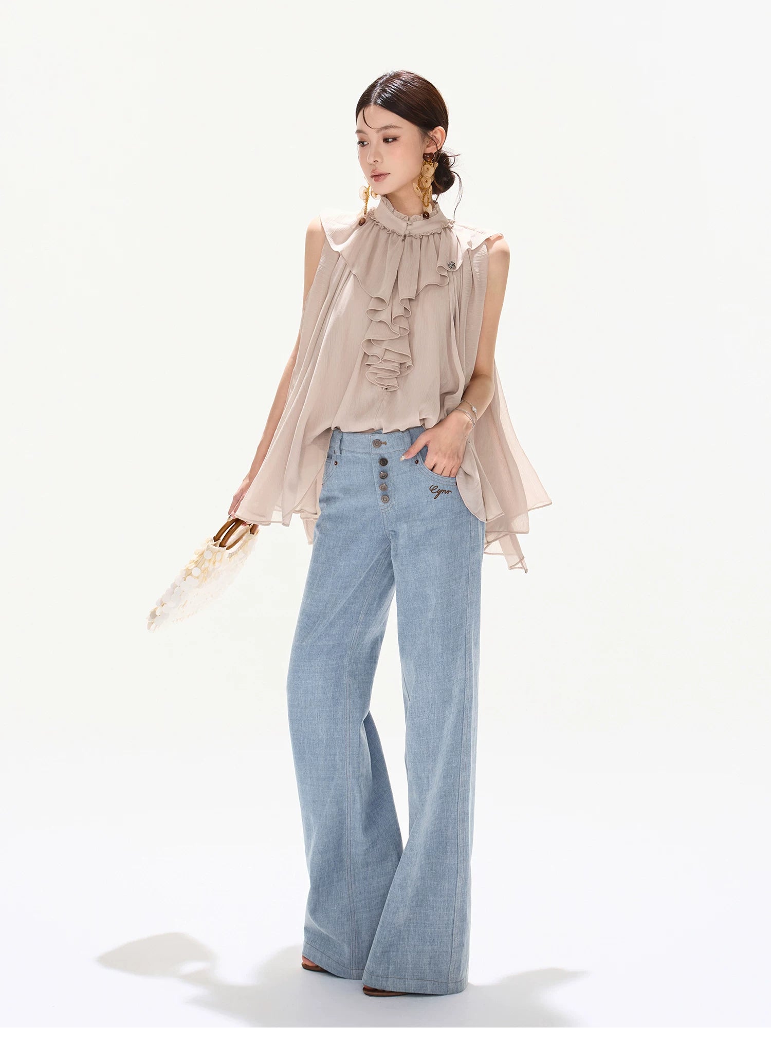 90s Vintage Washed Metal Button Wide-Leg Denim Pants