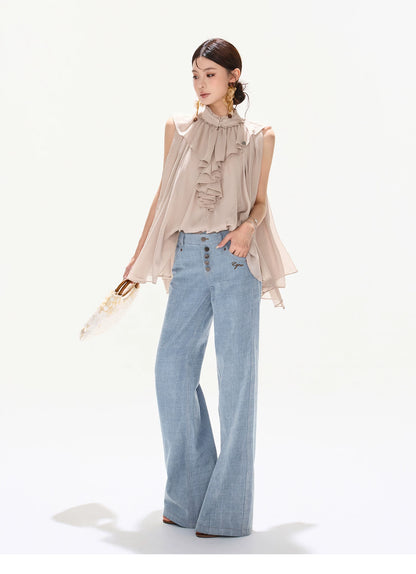 90s Vintage Washed Metal Button Wide-Leg Denim Pants