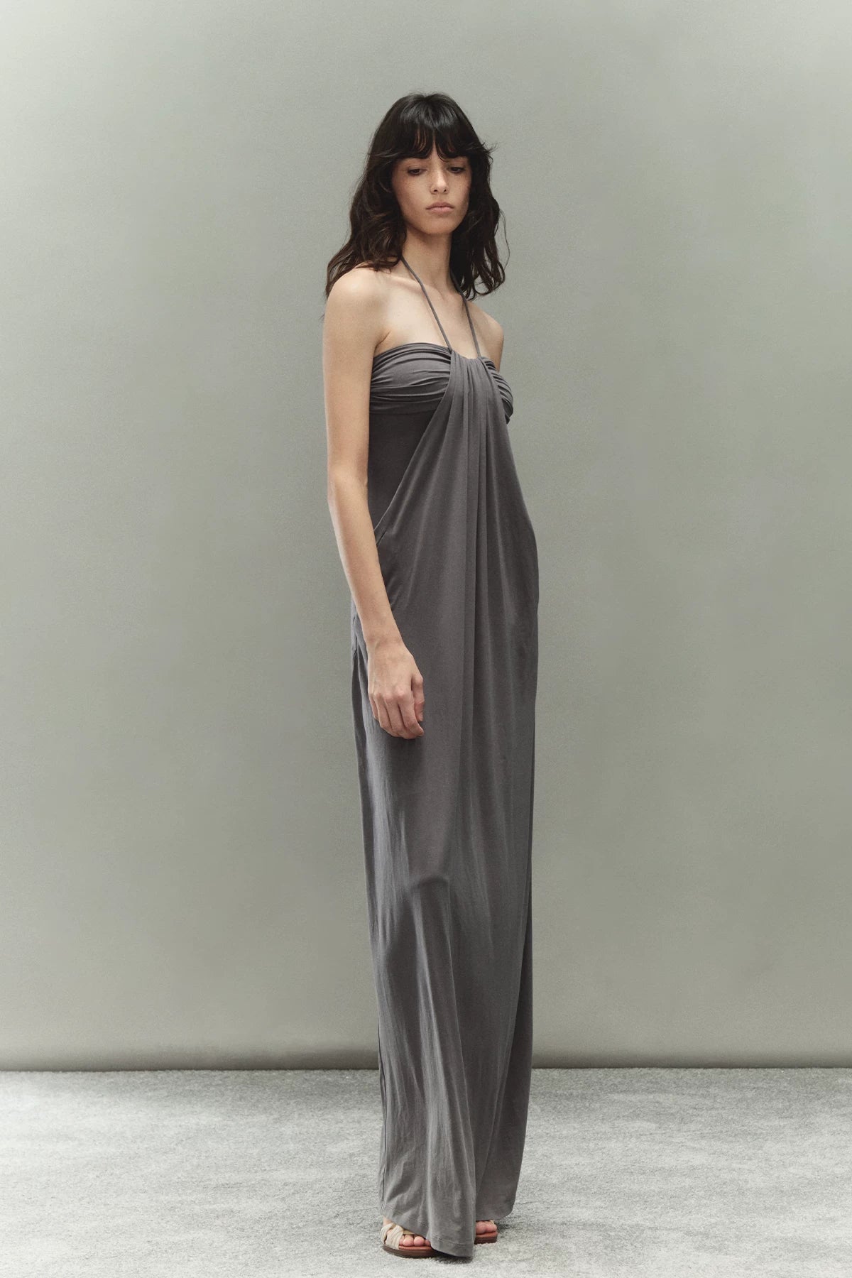 Laisel Handwoven Twist Metallic Chain Pleated Halter Dress Khaki / S