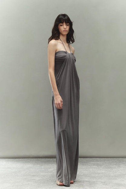 Laisel Handwoven Twist Metallic Chain Pleated Halter Dress