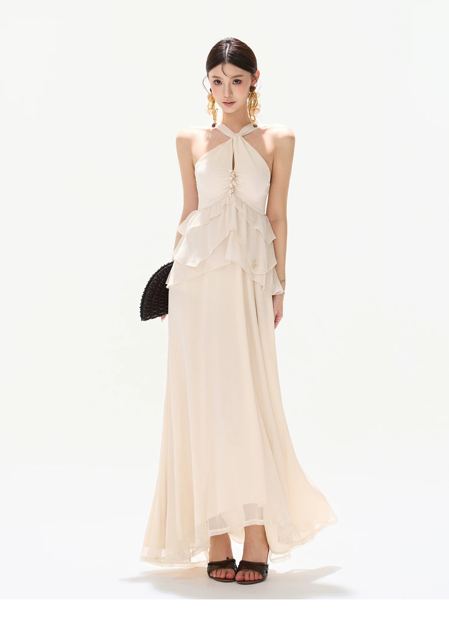 Flowing Halter Rhinestone Chiffon Long Dress