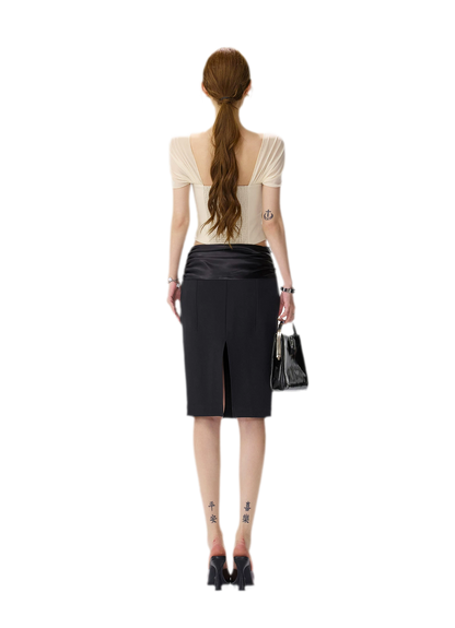 Satin Ruched Midi Skirt