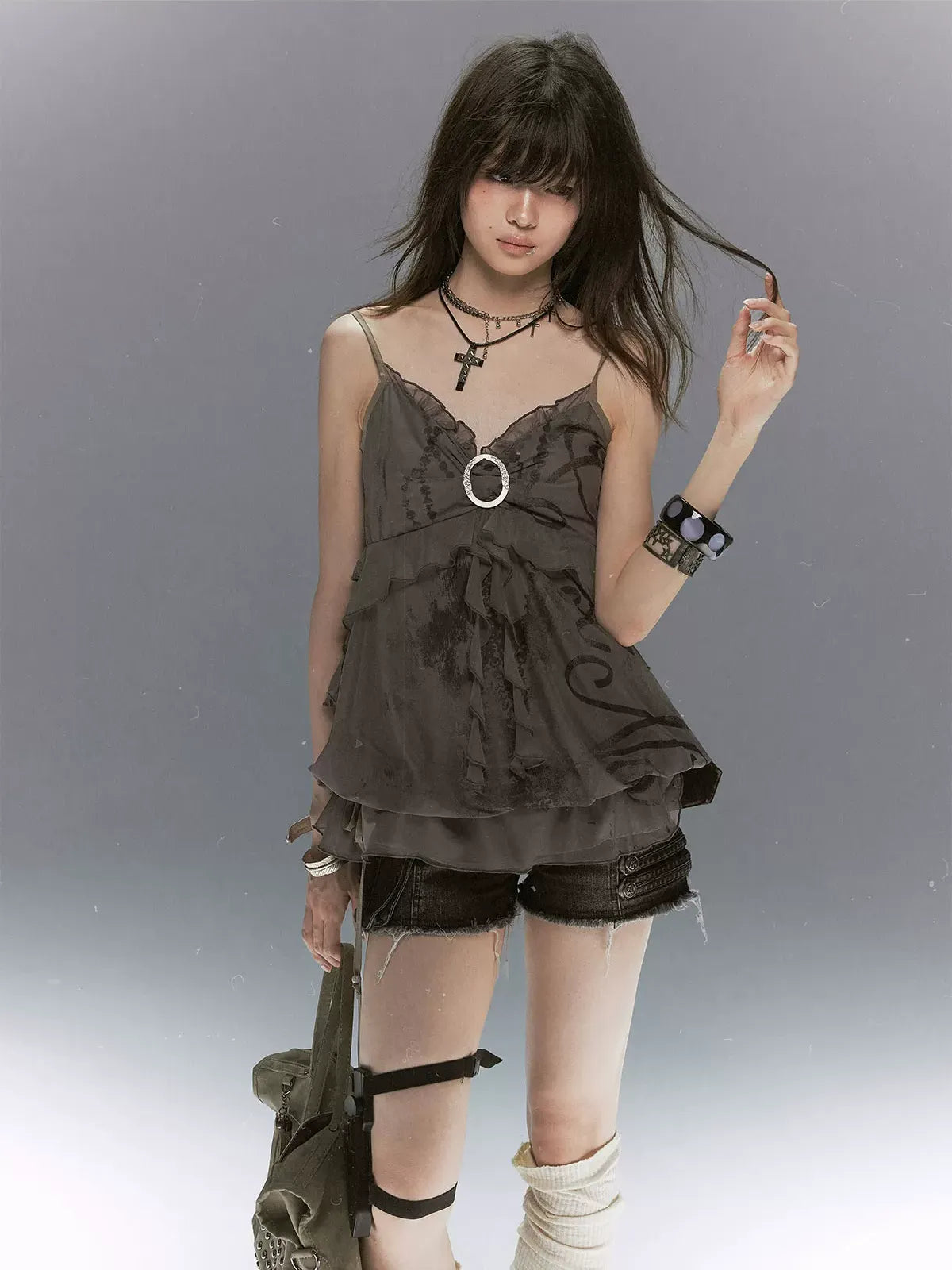 Graffiti Mesh Ruffle Camisole