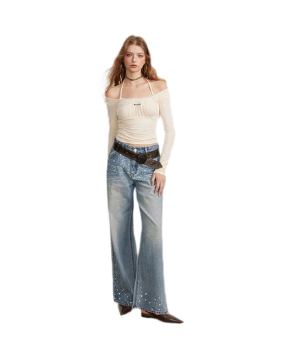 Ruching Lace Trim Long-Sleeve Top