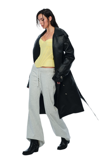 PU Leather Belted Trench Coat