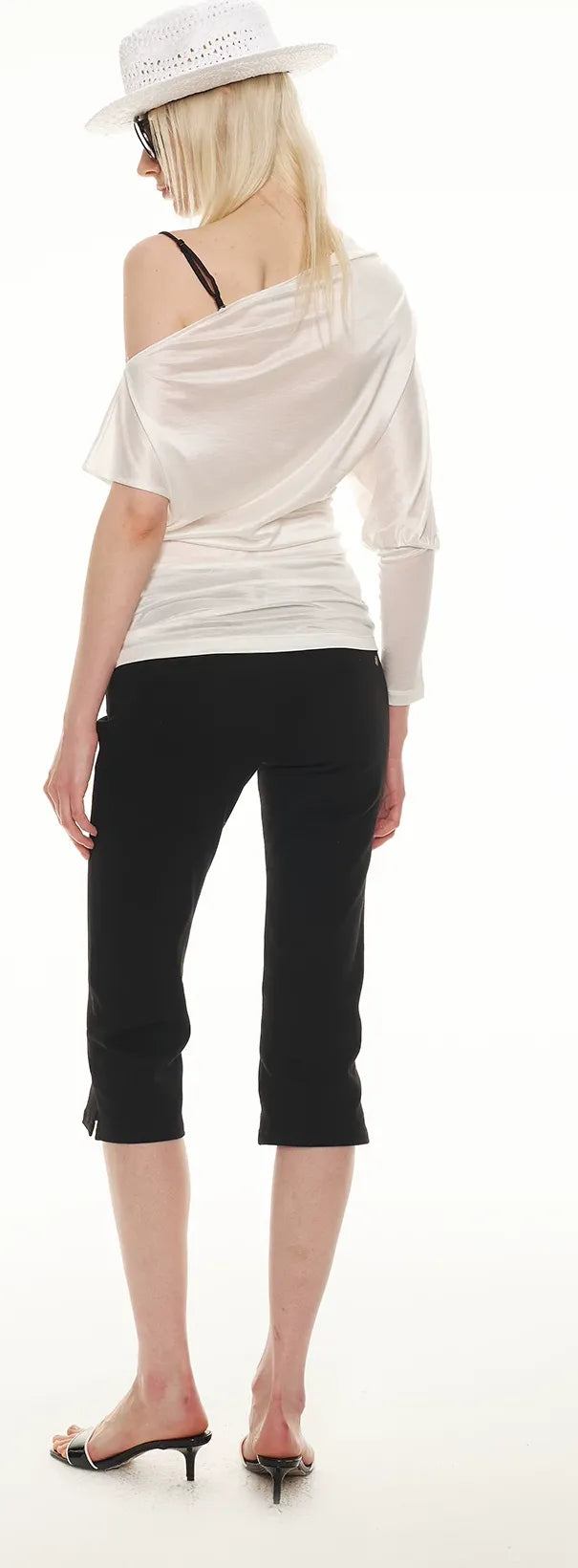Silky Satin Texture Asymmetric Off-Shoulder Lace Trim T-Shirt