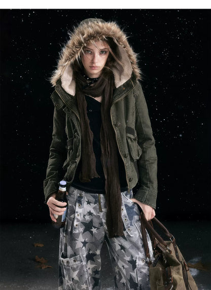 Washed Quilted Fur-Trim Hooded Jacket