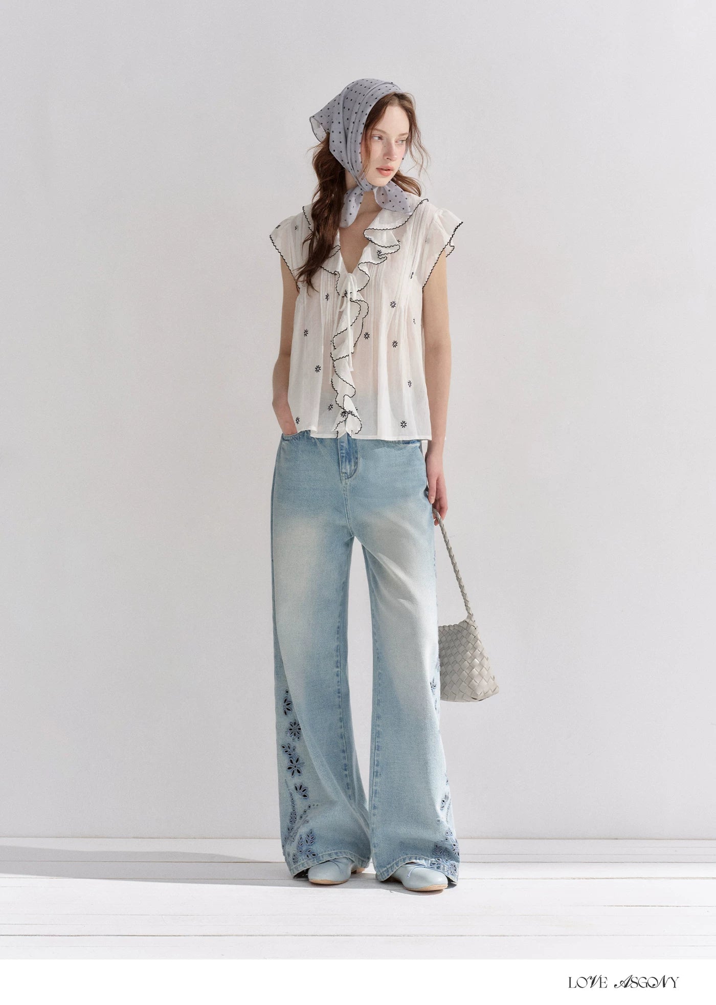 Cotton-Feel Embroidered Ruffle Sleeve Blouse