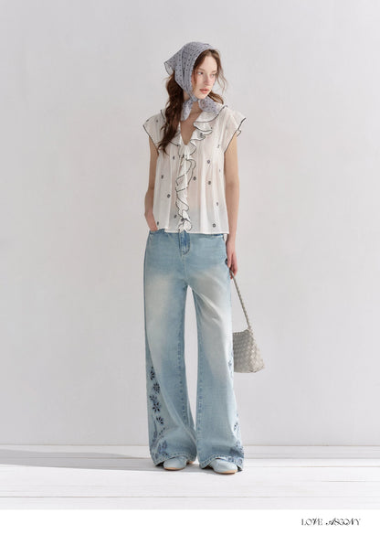 Cotton-Feel Embroidered Ruffle Sleeve Blouse