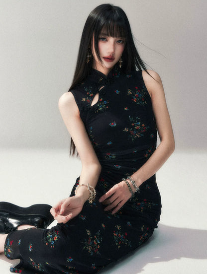 Dark Floral Mesh Qipao Dress