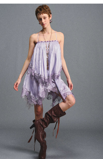 Lavender Galaxy Lace Satin Beaded Strap Dress