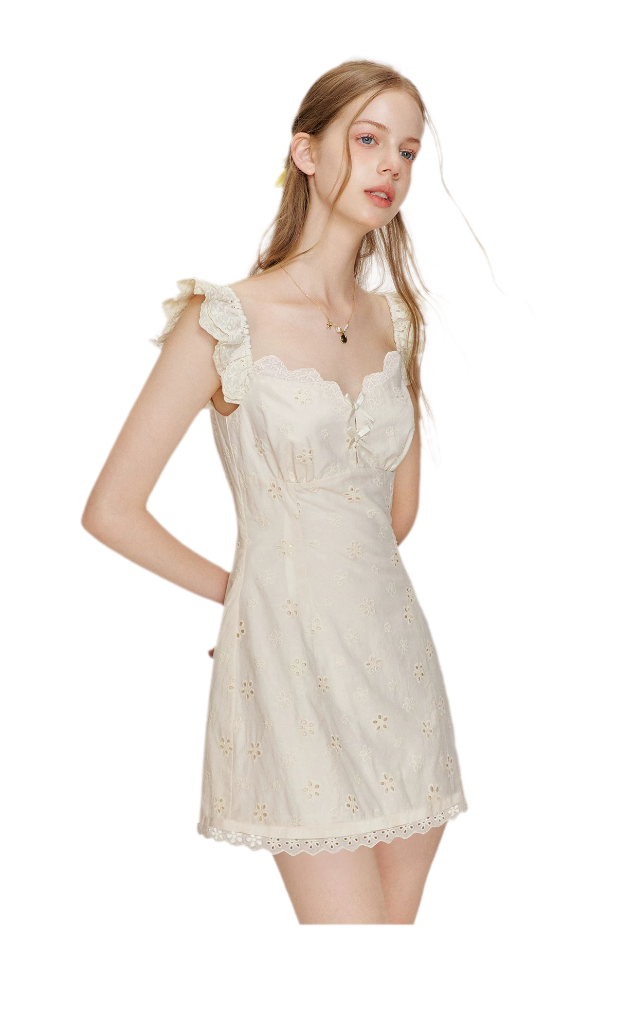 Embroidered Lace Flutter Sleeve Dress