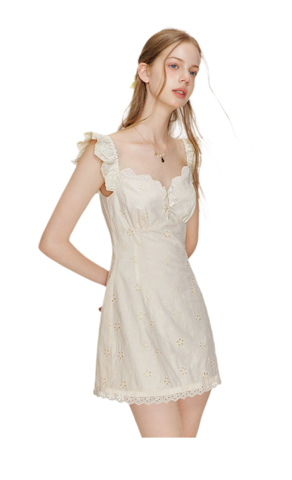 Embroidered Lace Flutter Sleeve Dress