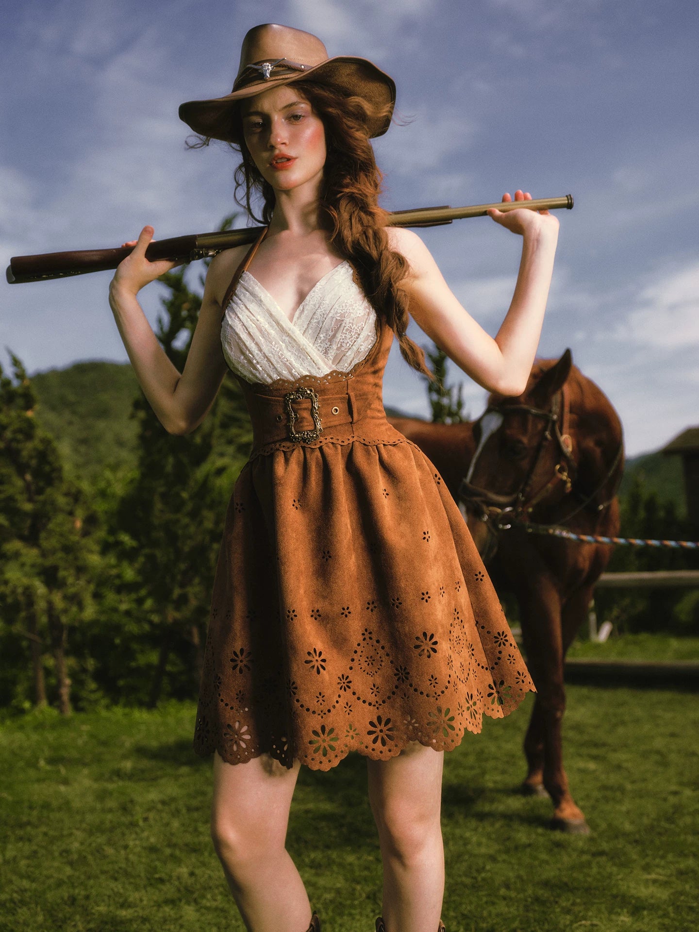 Laser-Cut Suede Lace Dress