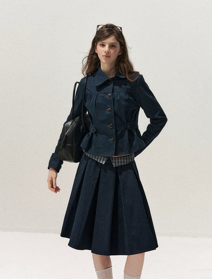 Washed Denim Pleated Set