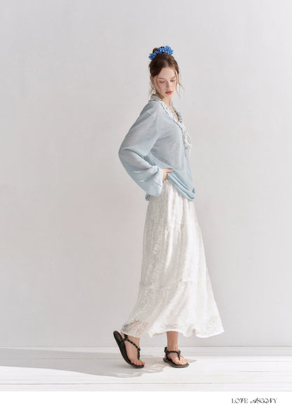 Lace Trim Elastic Waist A-line Long Skirt