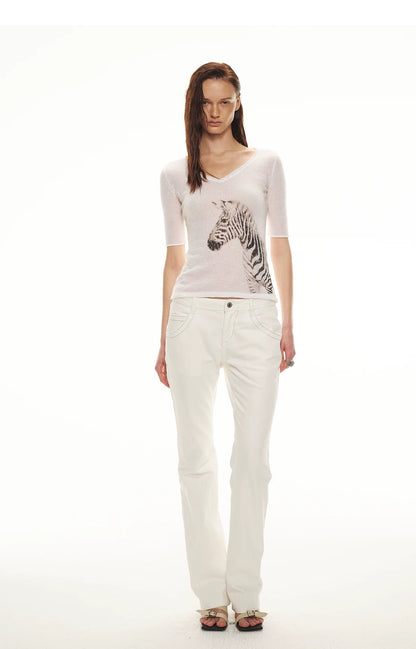 Stylish Zebra Print V-Neck Mohair Wool Blend Sweater