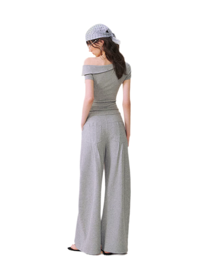 Asymmetric Off-Shoulder Tee Pants Set