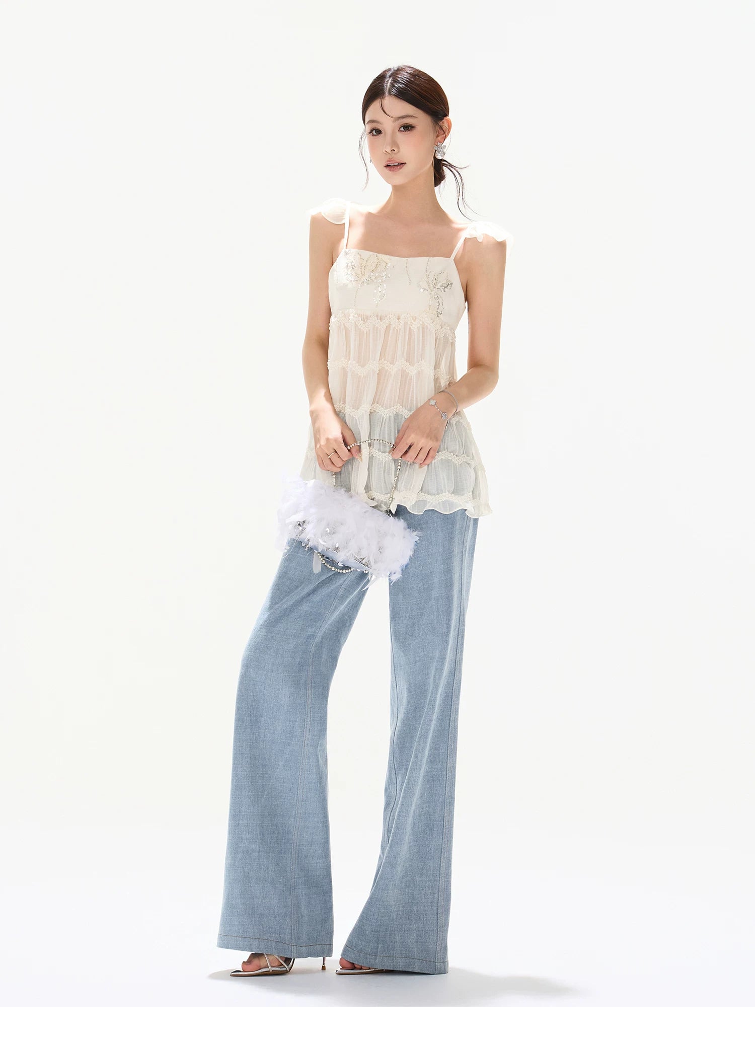 90s Vintage Washed Metal Button Wide-Leg Denim Pants