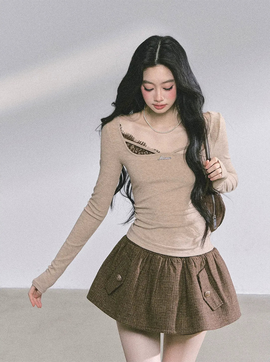Lace Panel Fitted Long-Sleeve Top