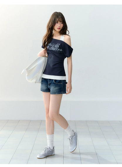 Vintage American Style Printed Off-Shoulder Cropped T-shirt